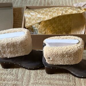 UGG Brown and Cream Shearling Clogs